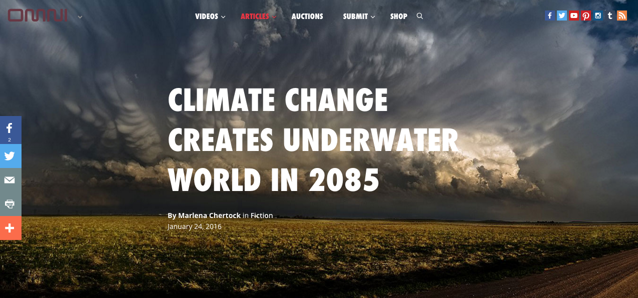 climate change creates underwater world in 2085 text overlaid on cloudy skies field