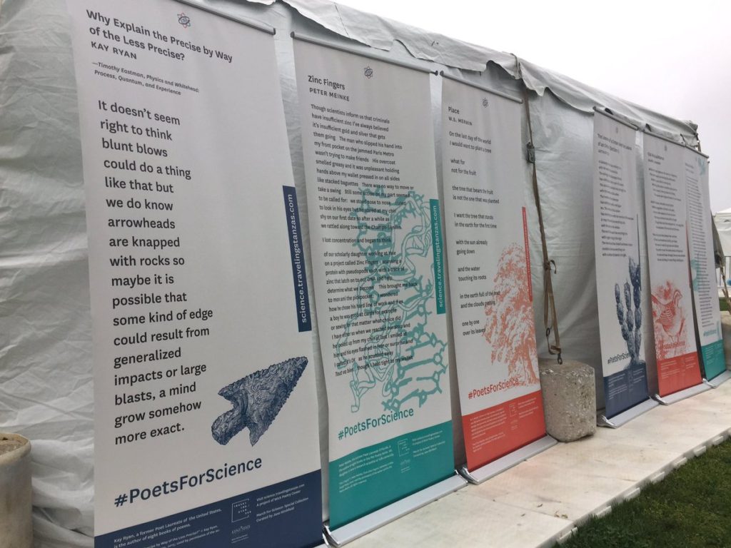 Seven-foot-tall banners of various poems.