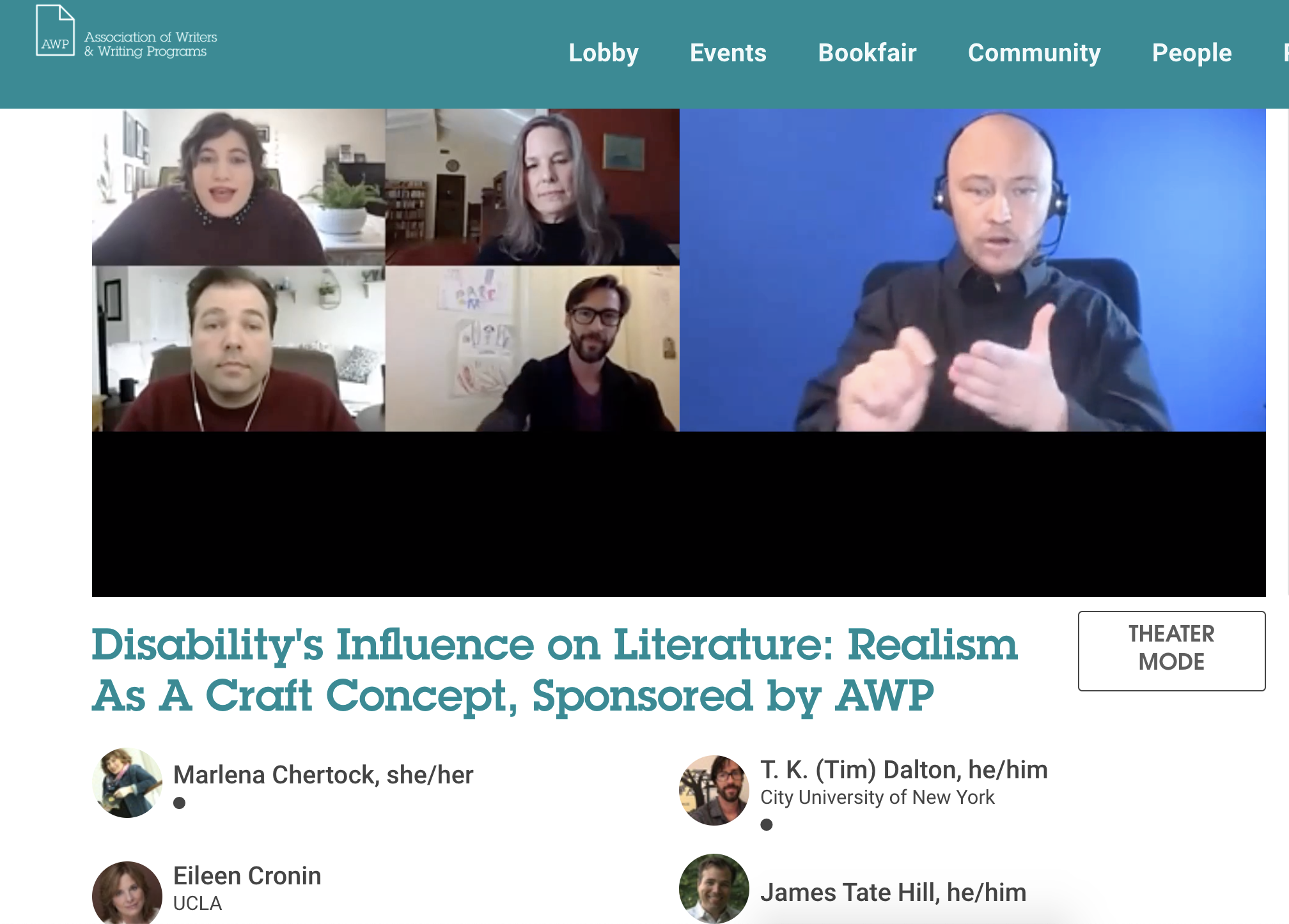 I moderated the panel "Disability’s Influence on Literature: Realism As A Craft Concept” at AWP 2021.