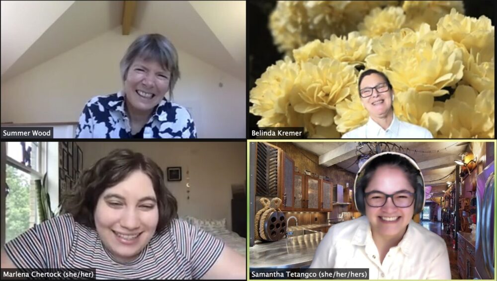 Summer Wood, Belinda Kremer, me, and Samantha Tetangco speaking on Plume for Writers podcast.