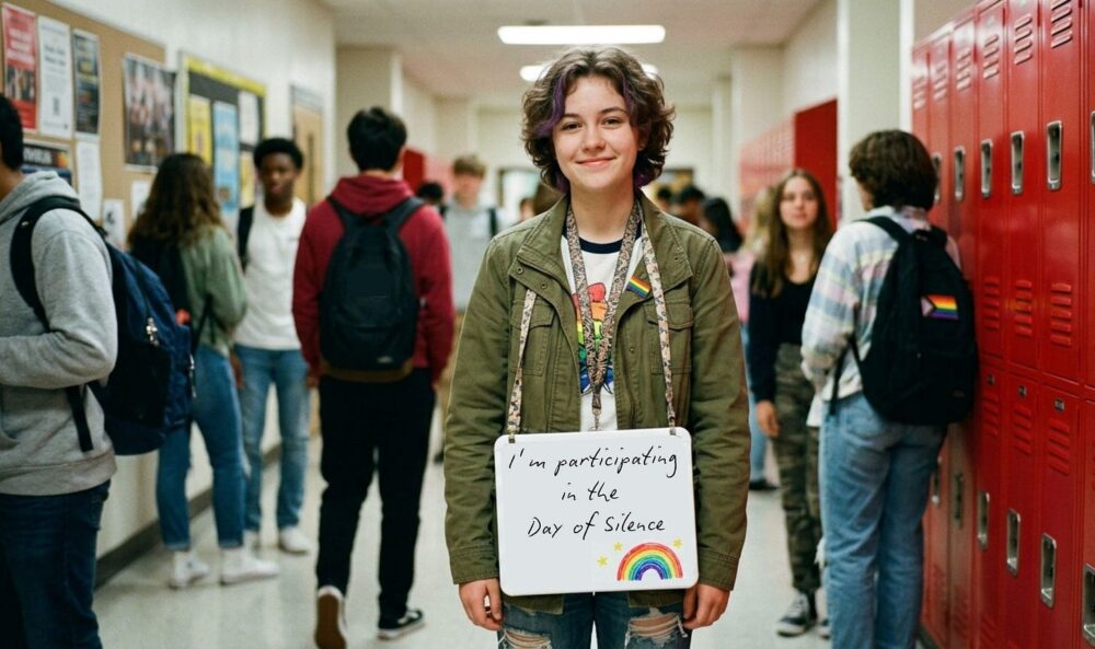 Queer female high school student standing in a school hallway with lockers and other students behind her. She wears a whiteboard around her neck with the words "I am participating in the Day of Silence" written on it.