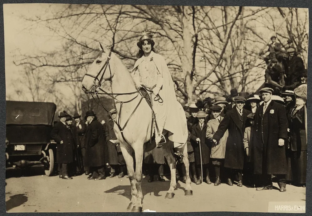 Inez Milholland Boissevain led the Woman Suffrage Procession atop a white horse in Washington, D.C. on March 3, 1913. Photo from Source Collection Records of the National Woman’s Party.