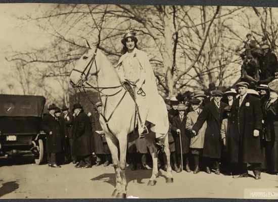 Inez Milholland Boissevain led the Woman Suffrage Procession atop a white horse in Washington, D.C. on March 3, 1913. Photo from Source Collection Records of the National Woman’s Party.